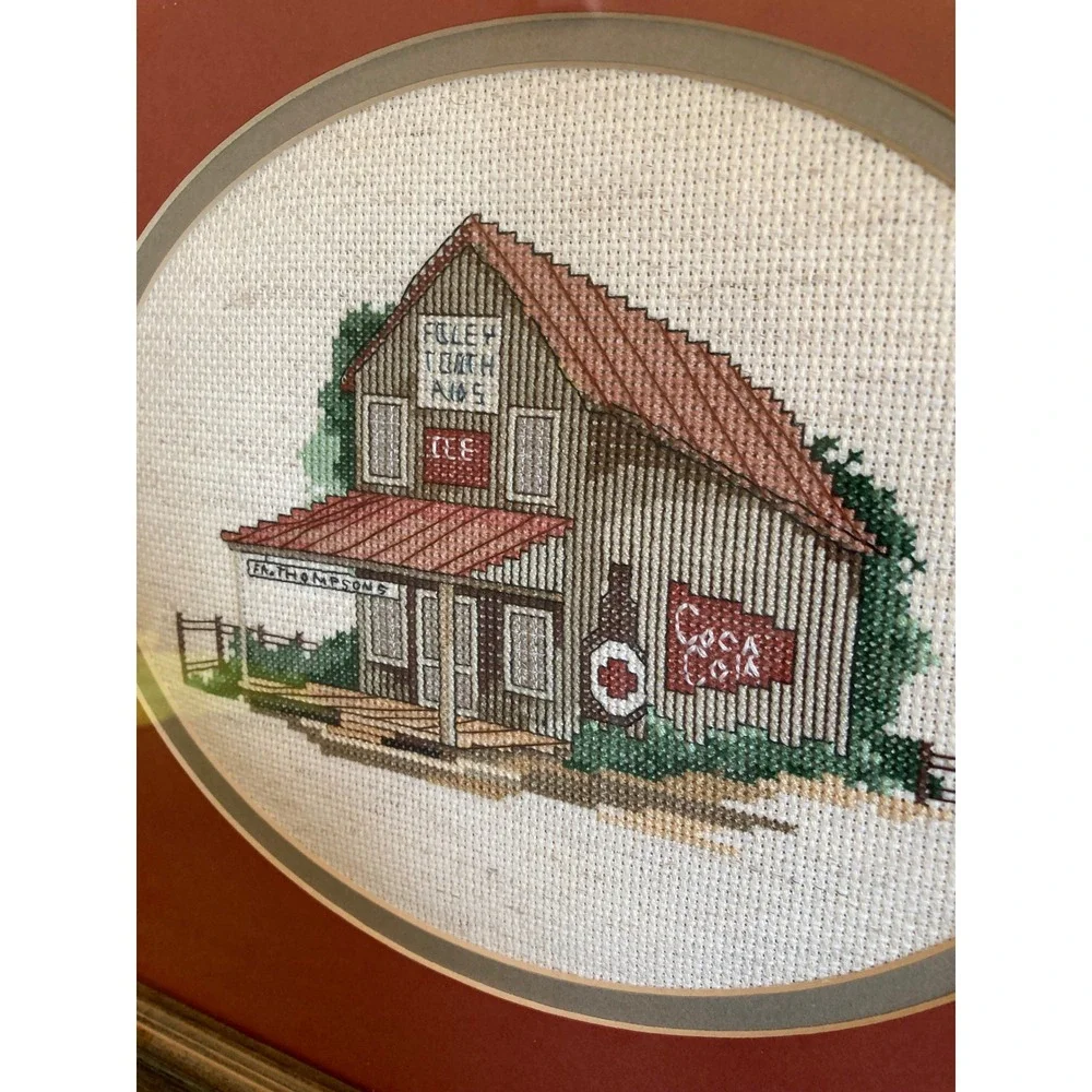 Vintage Framed Cross Stitch Americana General Store Coca-Cola Art 15x12